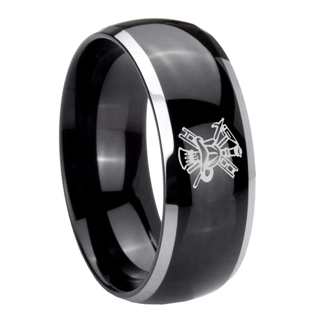 Fire Department Pattern 8MM Dome Glossy Black 2 Tone Tungsten Men Ring ...