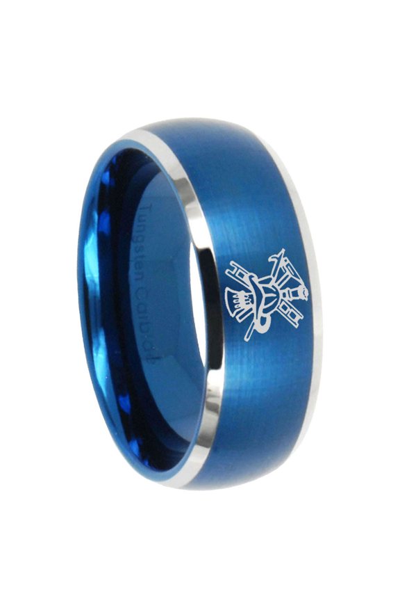 Fire Department Pattern Dome Brushed Finish Blue Tungsten Ring 10MM