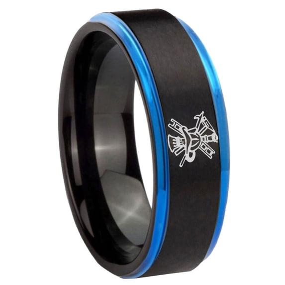 Fire Department Pattern Step Edge Black And Blue Tungsten Ring 10MM