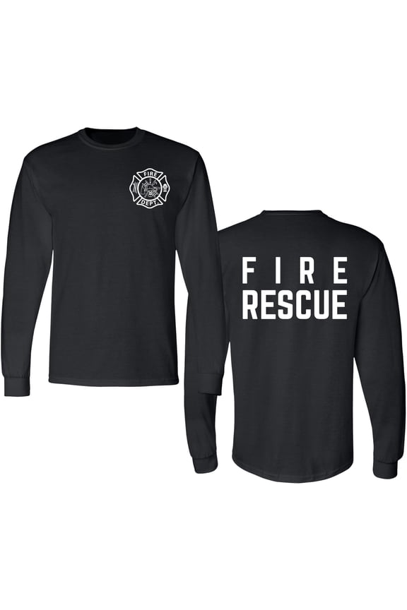 Fire Dept. Fire Rescue Long Sleeve T-Shirt | Firefighter First Responder Warm Double Side Printed Tee Shirt (Black, 3X-Large)