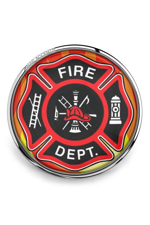 Snap Jewelry 18MM Fire Dept. Ginger Charm Button with Firefighter Emblem and Red Fire Pattern