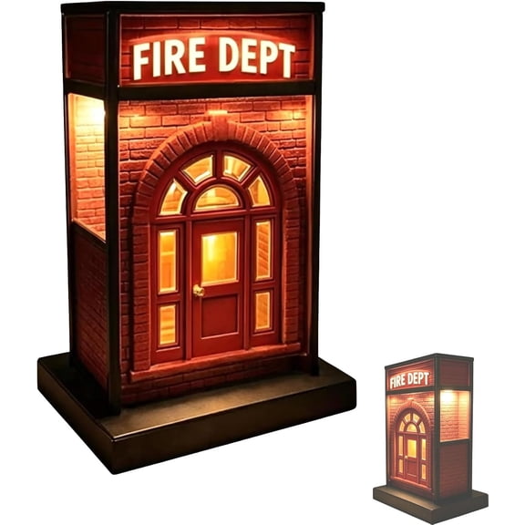 Fire Dept Vintage Lamp, Retro Firehouse Table Light, 3D Miniature Brick Fire Station Night Light, Unique Firefighter Gift for Desk, Man Cave, Great Gift for Firefighters & Collectors, 8 Inch