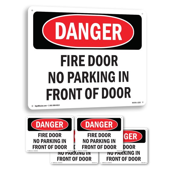 Fire Door No Parking In Front Of Door OSHA Danger Aluminum Sign 18 Inch x 12 Inch - 5 Pack