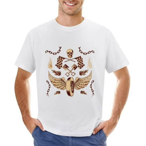 Fire Double Flags Wings Tire Men’s T-Shirt 100% Cotton Casual Short Sleeve Tops Gift Tee White L