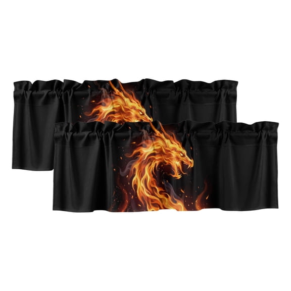 Fire Dragon 2 Panels Kitchen Valance, Modern Mythical Mysterious Gold Red Symbolic Black Curtains Valances for Small Windows Rod Pocket Window Treatments for Living Room Bedroom 42"W x 12"L