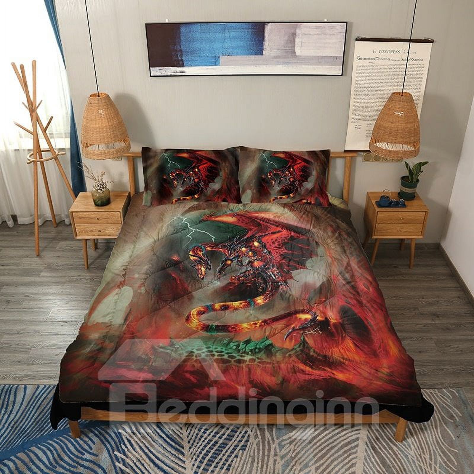 Fire Dragon 3D Print 3Piece Comforter Set for Boys Men, Dark Flying