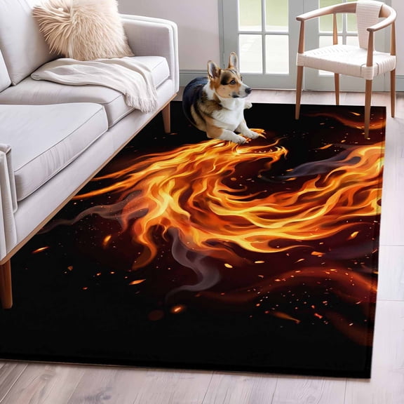 Fire Dragon 4x6 Area Rugs for Living Room, Modern Mythical Mysterious Gold Red Symbolic Black Non Slip Floor Mat Washable Low-Profile Indoor Carpet for Bedroom, Dining Room, Bathroom