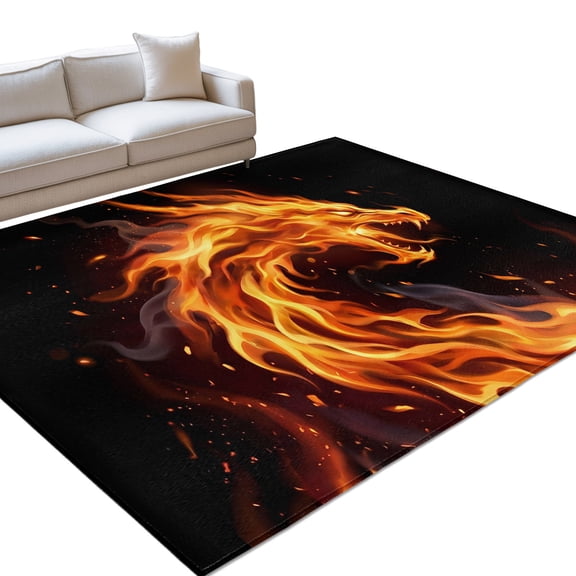 Fire Dragon 8x10ft Non Slip Area Rug Modern Mythical Mysterious Gold Red Symbolic Black Washable Soft Area Rugs for Living Room, Indoor Circle Carpet for Bedroom Dining Room Kitchen