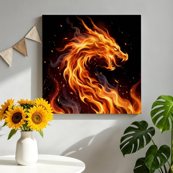 Fire Dragon Canvas Wall Art for Living Room, Modern Mythical Mysterious Gold Red Symbolic Black Poster Print Painting for Bedroom Office Home Decoration Wall Pictures Prepare To Hang 8"x8"
