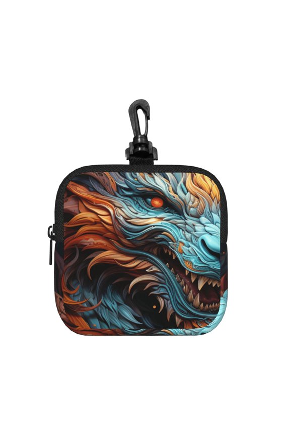Fire Dragon Cool Art Square Gear Pouch with Lobster Clasp Waterproof Tech Accessory Organizer, Key & Coin Case