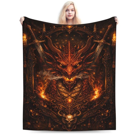 Fire Dragon Gothic Blanket, Dark Fantasy Medieval Throw, Flame Mythic Fleece Blanket for Halloween Christmas Home Decor Gift 60x50