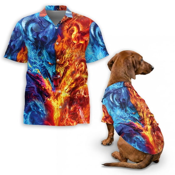 Fire Dragon Hawaiian Shirt, Fantasy Flame Dragon Pattern Button Down Shirt for Adults or Dogs, Cuban Collar, Short Sleeve Polyester Summer Shirt