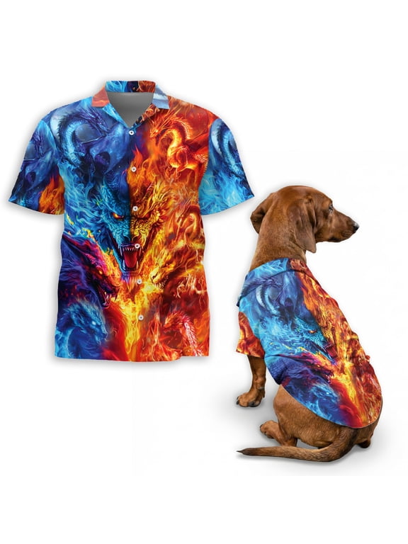 Fire Dragon Hawaiian Shirt, Fantasy Flame Dragon Pattern Button Down Shirt for Adults or Dogs, Cuban Collar, Short Sleeve Polyester Summer Shirt