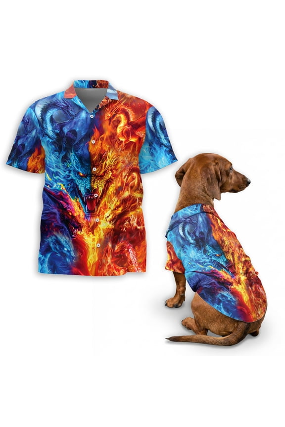 Fire Dragon Hawaiian Shirt, Fantasy Flame Dragon Pattern Button Down Shirt for Adults or Dogs, Cuban Collar, Short Sleeve Polyester Summer Shirt
