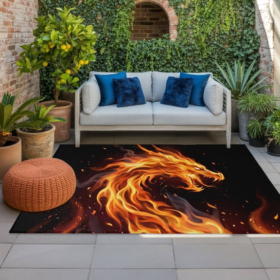 Fire Dragon Indoor Outdoor Rugs 4x6 Ft, Modern Mythical Mysterious Gold Red Symbolic Black Outdoor Patio Rugs Mat Washable Outside Area Rugs Carpet for Porch Deck RV Camping Pool Balcony Backyard