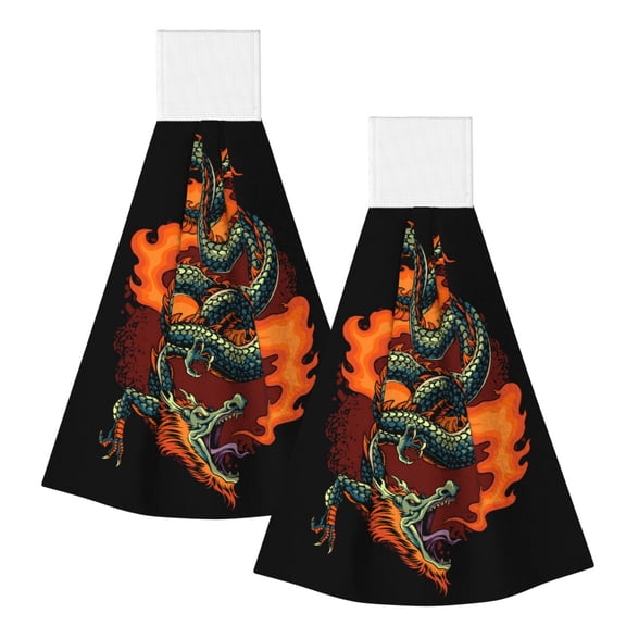 Fire Dragon Red Flaming Hanging Coral Fleece Hand Towel 2PCS , Super Absorbent Kitchen Towel Quick-Dry Dish Cloth