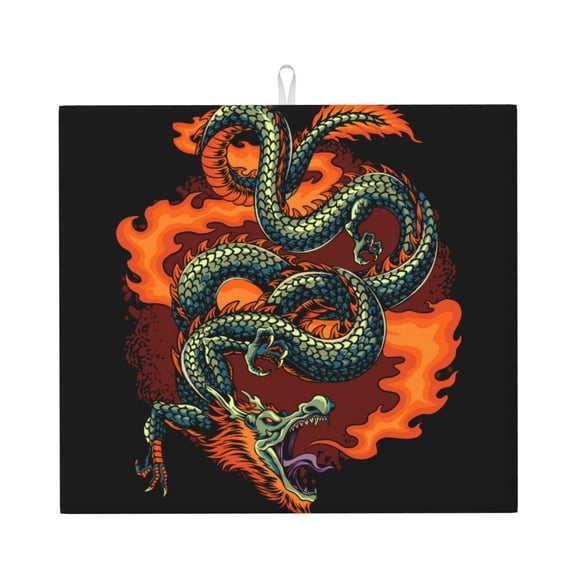 Fire Dragon Red Flaming Kitchen Drying Mat 18x16 Inch Ultra Absorbent Countertop Mat Foldable with Hanging Loop
