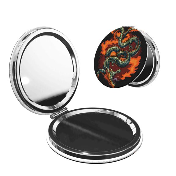 Fire Dragon Red Flaming Portable Double-Sided Face Mirror Round Shape, Magnifying Compact Pocket Mirror with PU Leather Cover