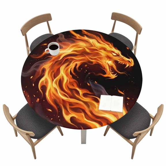 Fire Dragon Round Fitted Table Cover Modern Mythical Mysterious Gold Red Symbolic Black Waterproof Table Cloth with Elastic Edge Wipeable Tablecloth for Picnic Camping Party Fits 36"-44" Tables