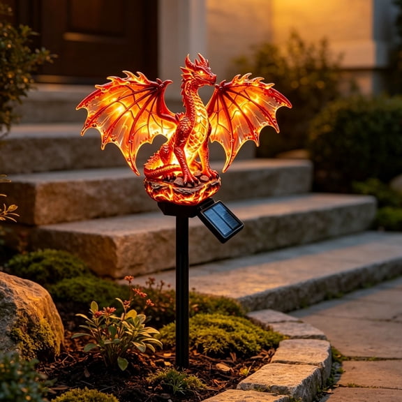 Fire Dragon Solar Garden Light, 17.72in Resin Outdoor Stake Lamp with Wide Wings, Gothic Medieval Fantasy Yard Decor, Unique Gift for Dragon Lovers and Collectors