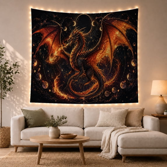 Fire Dragon Spreading Wings in a Dark Sky, Dramatic Fantasy Style for Dragon Lovers, Dragon Wall Art, Housewarming Gift, Tapestry Wall Hanging for Bedroom and Dorm
