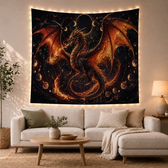 Fire Dragon Spreading Wings in a Dark Sky, Dramatic Fantasy Style for Dragon Lovers, Dragon Wall Art, Housewarming Gift, Tapestry Wall Hanging for Bedroom and Dorm