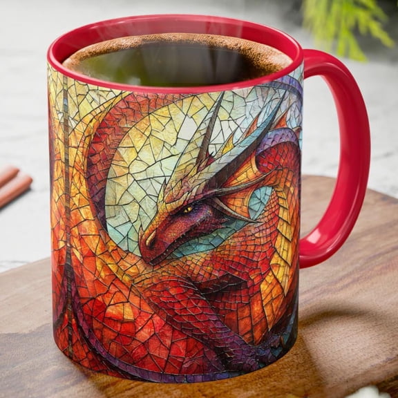 Fire Dragon Stained Glass Coffee Mug, Dragon Gift, Fantasy Red Dragon Cup, Mythical Creature Mug, Dragon Lover Gift, 11oz 15oz Ceramic Mug