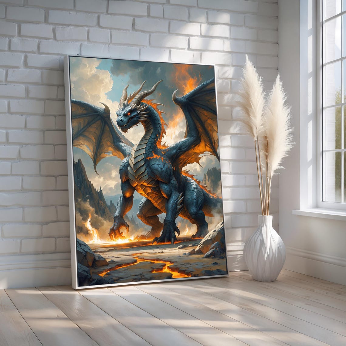 Fire Dragon Wall Art | Fantasy Dragon Canvas Or Poster | Mythical ...