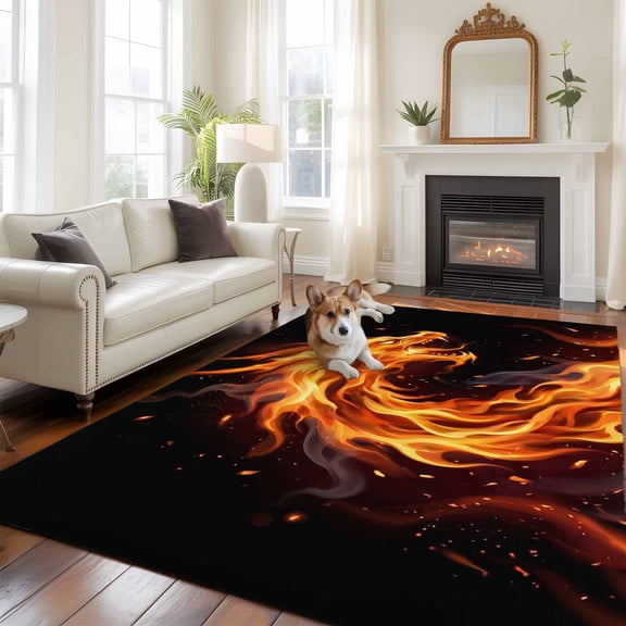 Fire Dragon Washable Area Rug 5x7 Modern Mythical Mysterious Gold Red Symbolic Black Low-Profile Large Area Rugs with Non Slip Backing Indoor Floor Carpet for Entrance Living Room Bedroom Home Office