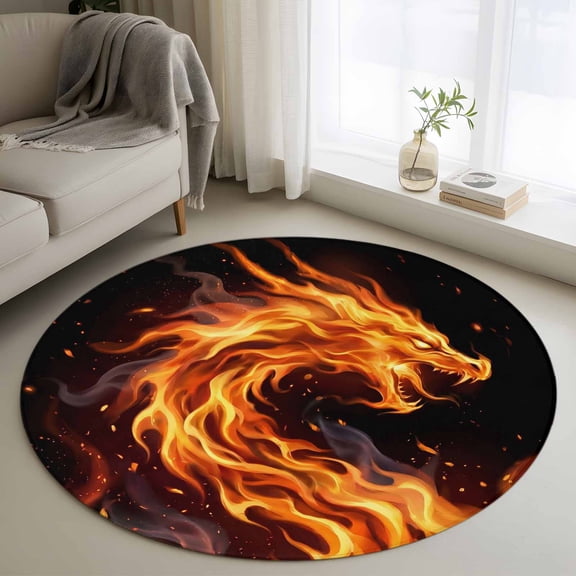 Fire Dragon Washable Round Area Rug 3 ft, Modern Mythical Mysterious Gold Red Symbolic Black , Soft Non Slip Rugs Stain Repellent Indoor Felt Carpet for Living Dining Room Bedroom Home Office