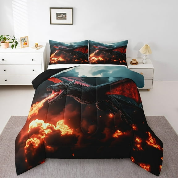 Fire Dragon Wildlife Animals 3 Pcs Queen Size Comforter Set,Jungle Animals Down Alternative Adults Room Decor,Dragon Ultra Soft Microfiber Inner Fill 3Pcs Bedding