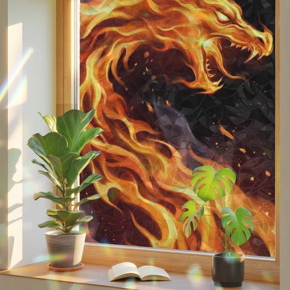 Fire Dragon Window Privacy Film, Modern Mythical Mysterious Gold Red Symbolic Black Stained Glass Rainbow Film Decorative Window Clings, Static Cling Sun Blocking Stickers 29.5" x 78.7"
