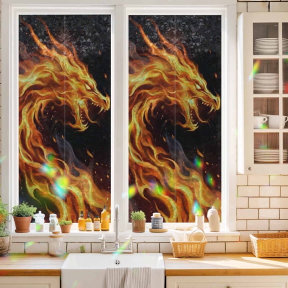 Fire Dragon Window Privacy Film Modern Mythical Mysterious Gold Red Symbolic Black Static Cling Stained Glass Window Film Non-Adhesive Decorative Decals Rainbow Sticker 17.7"X39.3"