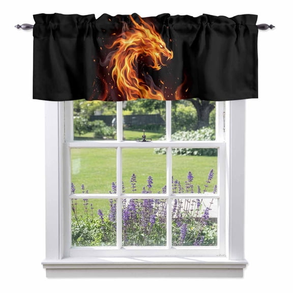Fire Dragon Window Valance for Kitchen, Modern Mythical Mysterious Gold Red Symbolic Black Rod Pocket Short Curtains for Bathroom Bedroom Small Window, Light Filtering Decorative Valances, 54x18 Inch