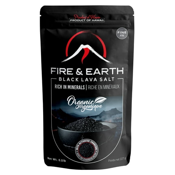 Fire & Earth - Organic Hawaiian Black Lava Sea Salt - Black Salt 0.5lb - Gourmet Finishing for Seasoning - Fine Grain, with Activated Charcoal - for Rimming Cocktails, Cooking and More,pack of 1