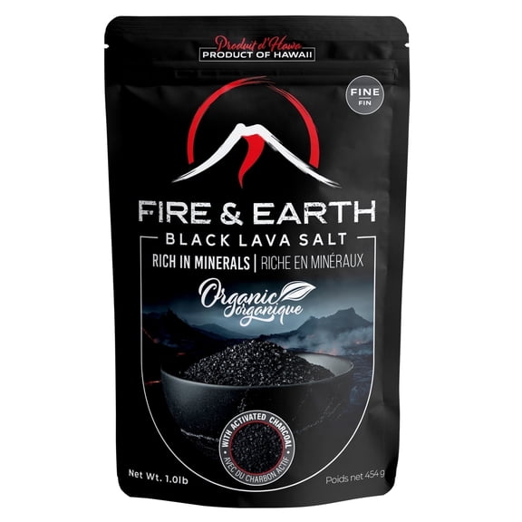 Fire & Earth - Organic Hawaiian Black Lava Sea Salt - Black Salt 1.0lb - Gourmet Finishing for Seasoning - Fine Grain, with Activated Charcoal