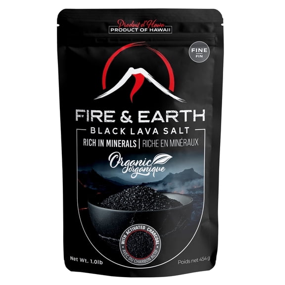 Fire & Earth - Organic Hawaiian Black Lava Sea Salt - Black Salt 1.0lb - Gourmet Finishing for Seasoning - Fine Grain, with Activated Charcoal - for Rimming Cocktails, Cooking and More,pack of 1