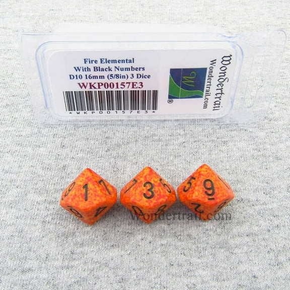 Fire Elemental Dice with Black Numbers D10 Aprox 16mm (5/8in) Pack of 3 Wondertrail