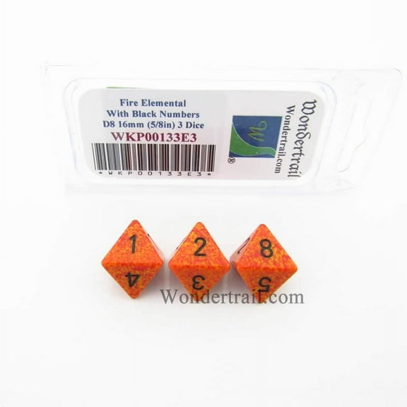 Fire Elemental Dice with Black Numbers D8 Aprox 16mm (5/8in) Pack of 3 Wondertrail