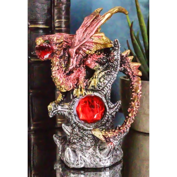 Fire Ember Dragon Guarding Weathered Tree of Life With Red Crystal Gem Figurine