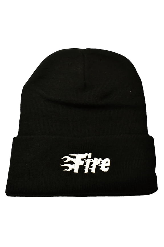 Fire Embroidered Beanie, Black, One Size