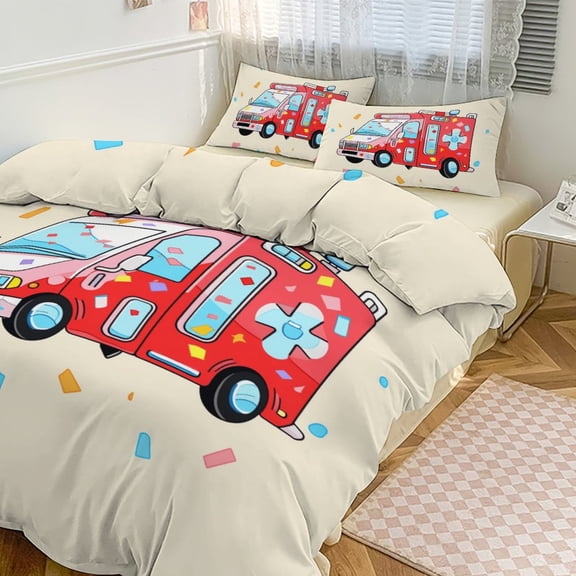 Fire Engine Car Truck Bedding Sets Twin Duvet Cover 3 Piece Cute Bed Set for Boys Girls Kid