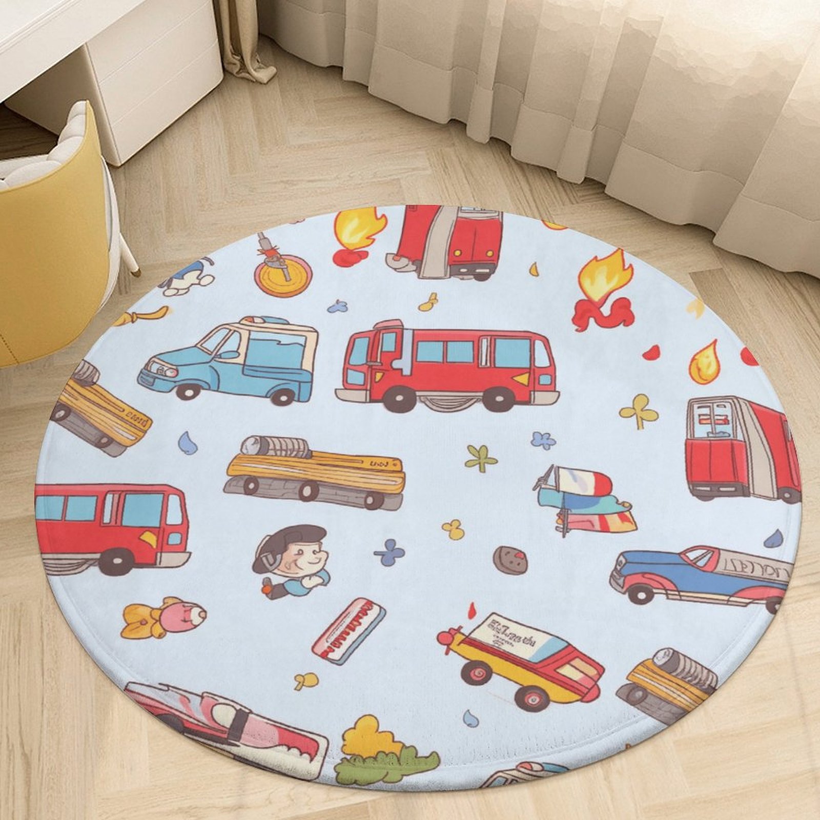 Fire Engine Car Truck Round Rugs -Washable Non-Slip Small Round Area ...