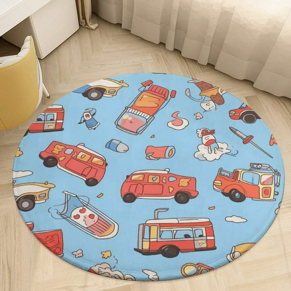 Fire Engine Car Truck Soft Bedroom Round Area Rug, Washable Cute Circle ...