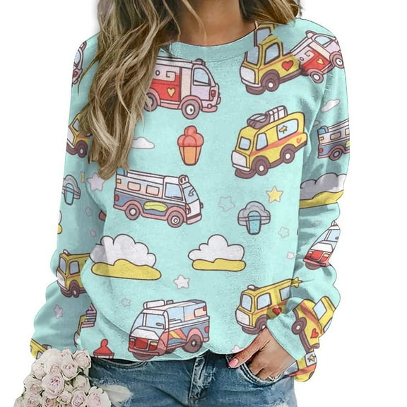 Fire Engine Car Truck Women's Floral Printed Sweatshirt Long Sleeve Crewneck Casual Loose Vintage Graphic Pullover Tops