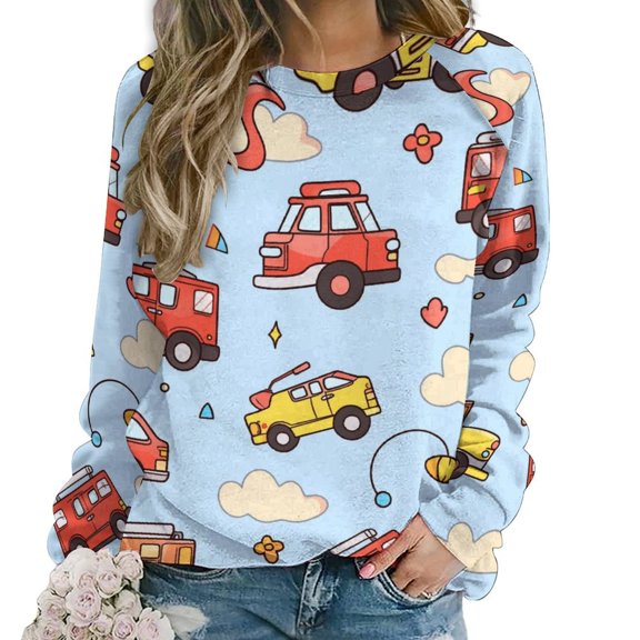 Fire Engine Car Truck Women's Floral Printed Sweatshirt Long Sleeve Crewneck Casual Loose Vintage Graphic Pullover Tops