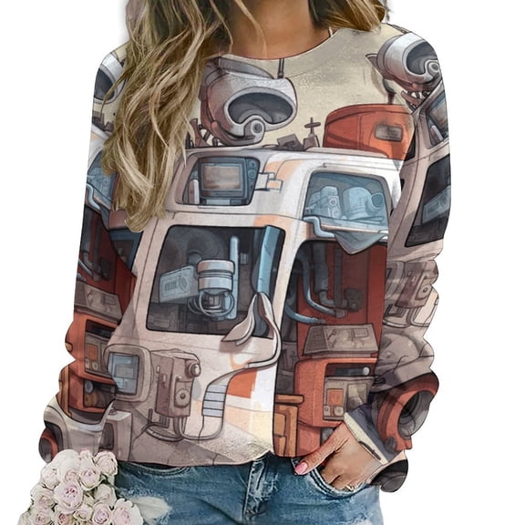 Fire Engine Car Truck Women's Floral Printed Sweatshirt Long Sleeve Crewneck Casual Loose Vintage Graphic Pullover Tops