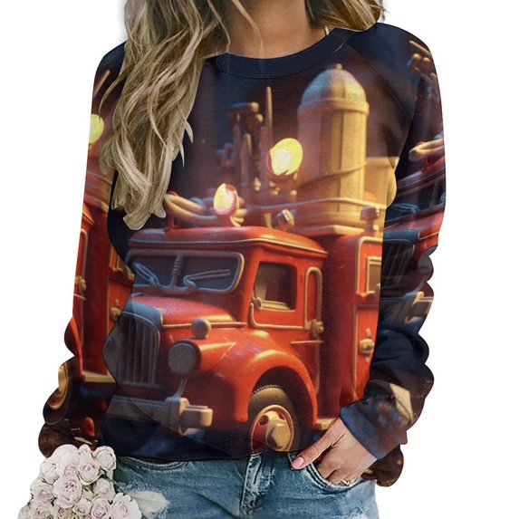 Fire Engine Car Truck Women's Floral Printed Sweatshirt Long Sleeve Crewneck Casual Loose Vintage Graphic Pullover Tops