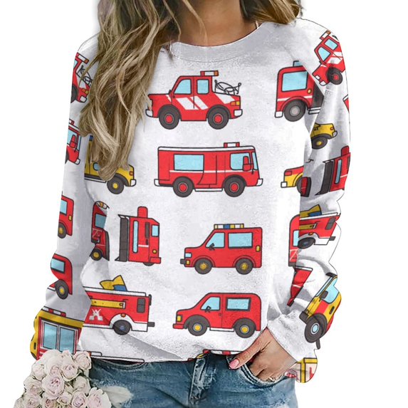Fire Engine Car Truck Womens Casual Crewneck Sweatshirt Long Sleeve Tops Cute Pullover Loose Fit
