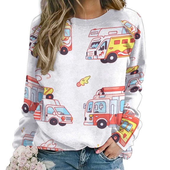 Fire Engine Car Truck Womens Casual Crewneck Sweatshirt Long Sleeve Tops Cute Pullover Loose Fit